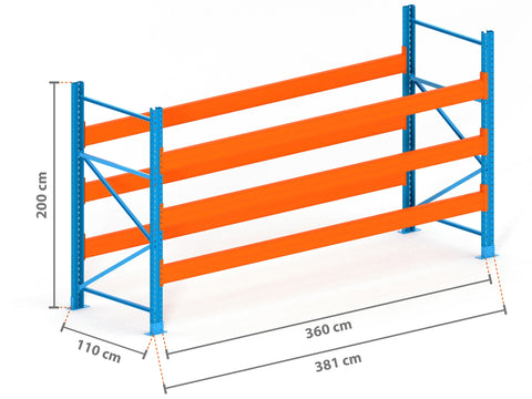 3.8m Palettenregal mit 15.000kg Feldlast | 110cm tief | 2.0m hoch | 3 Ebenen für 16 Europaletten