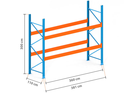 3.8m Palettenregal mit 15.000kg Feldlast | 110cm tief | 3.0m hoch | 2 Ebenen für 12 Europaletten