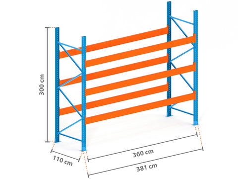 3.8m Palettenregal mit 15.000kg Feldlast | 110cm tief | 3.0m hoch | 3 Ebenen für 16 Europaletten