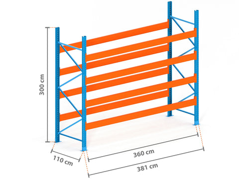 3.8m Palettenregal mit 15.000kg Feldlast | 110cm tief | 3.0m hoch | 4 Ebenen für 20 Europaletten