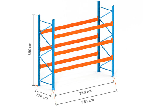 3.8m Palettenregal mit 15.000kg Feldlast | 110cm tief | 3.5m hoch | 3 Ebenen für 16 Europaletten