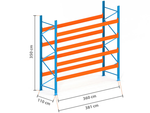 3.8m Palettenregal mit 15.000kg Feldlast | 110cm tief | 3.5m hoch | 4 Ebenen für 20 Europaletten
