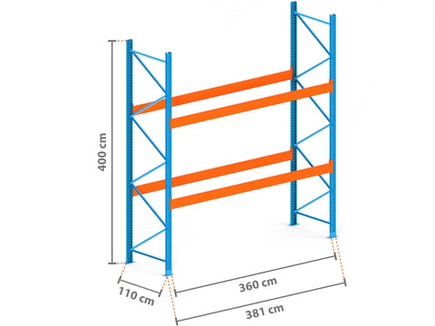3.8m Palettenregal mit 15.000kg Feldlast | 110cm tief | 4.0m hoch | 2 Ebenen für 12 Europaletten
