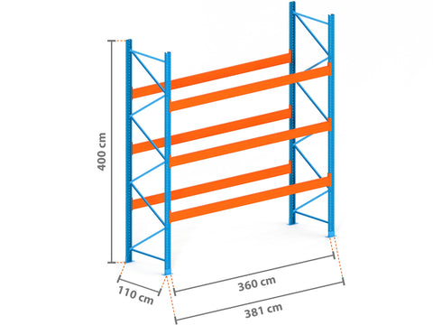 3.8m Palettenregal mit 15.000kg Feldlast | 110cm tief | 4.0m hoch | 3 Ebenen für 16 Europaletten