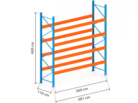 3.8m Palettenregal mit 15.000kg Feldlast | 110cm tief | 4.0m hoch | 4 Ebenen für 20 Europaletten
