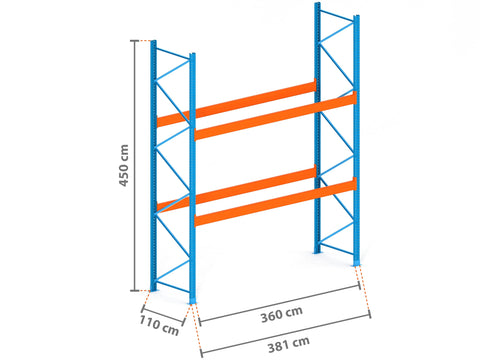 3.8m Palettenregal mit 15.000kg Feldlast | 110cm tief | 4.5m hoch | 2 Ebenen für 12 Europaletten