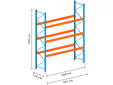 3.8m Palettenregal mit 15.000kg Feldlast | 110cm tief | 4.5m hoch | 3 Ebenen für 16 Europaletten