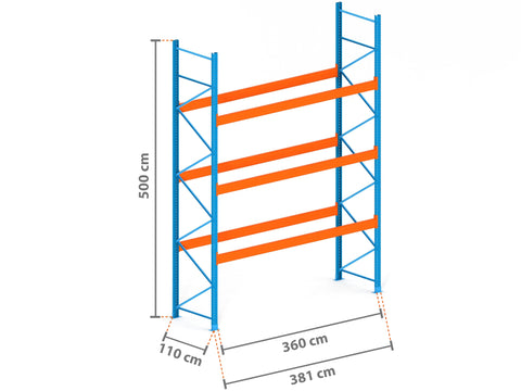 3.8m Palettenregal mit 15.000kg Feldlast | 110cm tief | 5.0m hoch | 3 Ebenen für 16 Europaletten