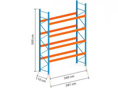 3.8m Palettenregal mit 15.000kg Feldlast | 110cm tief | 5.0m hoch | 4 Ebenen für 20 Europaletten