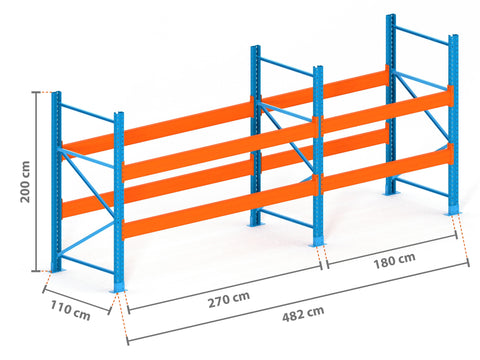 4.8m Palettenregal mit 15.000kg Feldlast | 110cm tief | 2.0m hoch | 2 Ebenen für 15 Europaletten