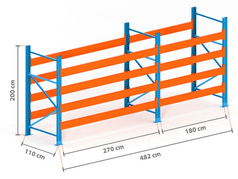 4.8m Palettenregal mit 15.000kg Feldlast | 110cm tief | 2.0m hoch | 4 Ebenen für 25 Europaletten