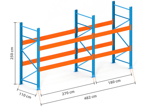 4.8m Palettenregal mit 15.000kg Feldlast | 110cm tief | 2.5m hoch | 2 Ebenen für 15 Europaletten