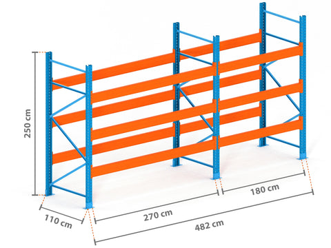 4.8m Palettenregal mit 15.000kg Feldlast | 110cm tief | 2.5m hoch | 3 Ebenen für 20 Europaletten