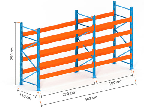 4.8m Palettenregal mit 15.000kg Feldlast | 110cm tief | 2.5m hoch | 4 Ebenen für 25 Europaletten