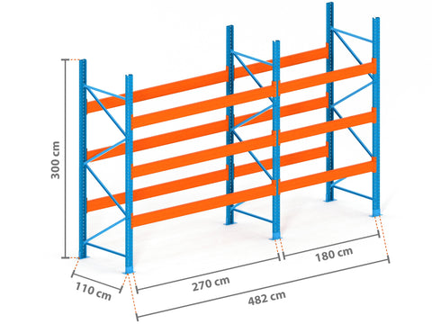 4.8m Palettenregal mit 15.000kg Feldlast | 110cm tief | 3.0m hoch | 3 Ebenen für 20 Europaletten