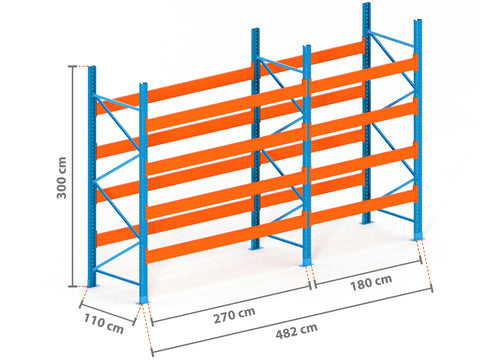 4.8m Palettenregal mit 15.000kg Feldlast | 110cm tief | 3.0m hoch | 4 Ebenen für 25 Europaletten