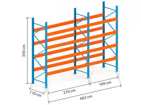 4.8m Palettenregal mit 15.000kg Feldlast | 110cm tief | 3.5m hoch | 4 Ebenen für 25 Europaletten