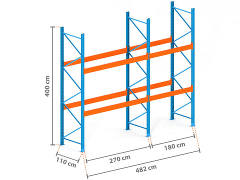 4.8m Palettenregal mit 15.000kg Feldlast | 110cm tief | 4.0m hoch | 2 Ebenen für 15 Europaletten