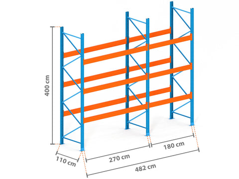4.8m Palettenregal mit 15.000kg Feldlast | 110cm tief | 4.0m hoch | 3 Ebenen für 20 Europaletten
