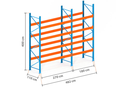 4.8m Palettenregal mit 15.000kg Feldlast | 110cm tief | 4.0m hoch | 4 Ebenen für 25 Europaletten