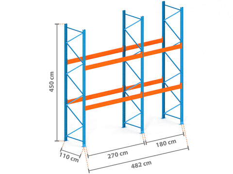4.8m Palettenregal mit 15.000kg Feldlast | 110cm tief | 4.5m hoch | 2 Ebenen für 15 Europaletten