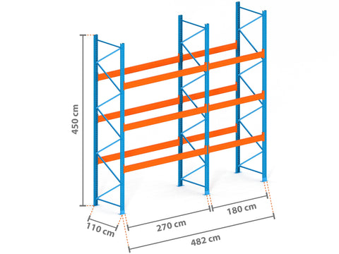 4.8m Palettenregal mit 15.000kg Feldlast | 110cm tief | 4.5m hoch | 3 Ebenen für 20 Europaletten
