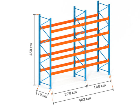 4.8m Palettenregal mit 15.000kg Feldlast | 110cm tief | 4.5m hoch | 4 Ebenen für 25 Europaletten