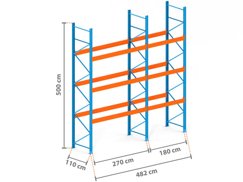 4.8m Palettenregal mit 15.000kg Feldlast | 110cm tief | 5.0m hoch | 3 Ebenen für 20 Europaletten