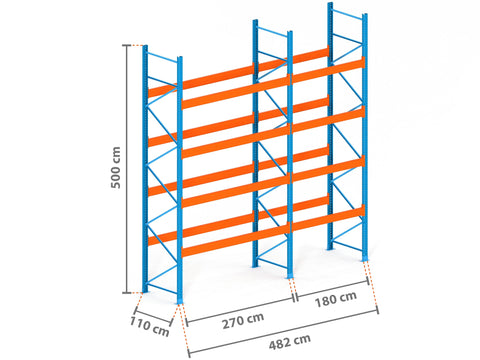 4.8m Palettenregal mit 15.000kg Feldlast | 110cm tief | 5.0m hoch | 4 Ebenen für 25 Europaletten