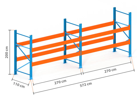 5.7m Palettenregal mit 15.000kg Feldlast | 110cm tief | 2.0m hoch | 2 Ebenen für 18 Europaletten