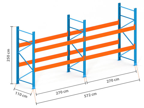 5.7m Palettenregal mit 15.000kg Feldlast | 110cm tief | 2.5m hoch | 2 Ebenen für 18 Europaletten