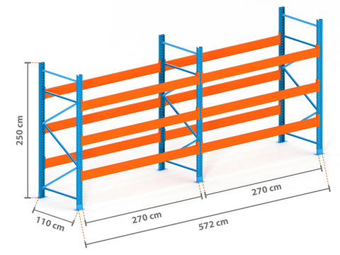 5.7m Palettenregal mit 15.000kg Feldlast | 110cm tief | 2.5m hoch | 3 Ebenen für 24 Europaletten