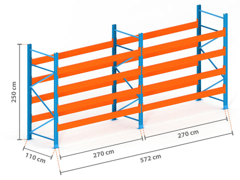 5.7m Palettenregal mit 15.000kg Feldlast | 110cm tief | 2.5m hoch | 4 Ebenen für 30 Europaletten