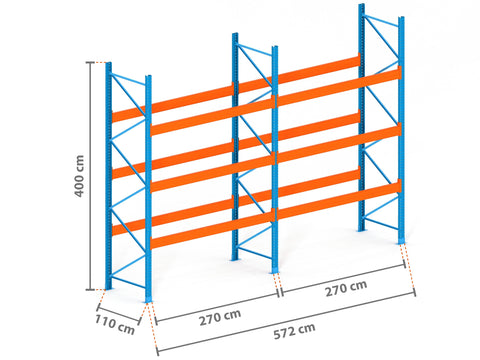 5.7m Palettenregal mit 15.000kg Feldlast | 110cm tief | 4.0m hoch | 3 Ebenen für 24 Europaletten