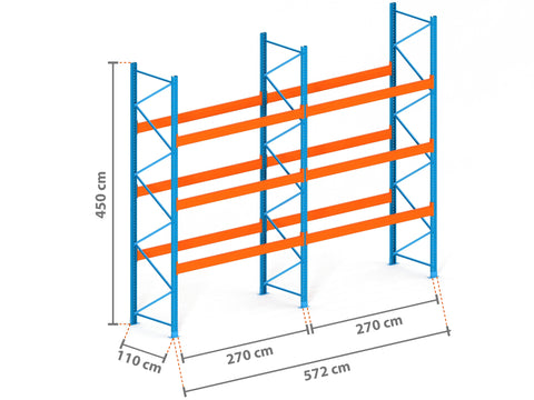 5.7m Palettenregal mit 15.000kg Feldlast | 110cm tief | 4.5m hoch | 3 Ebenen für 24 Europaletten