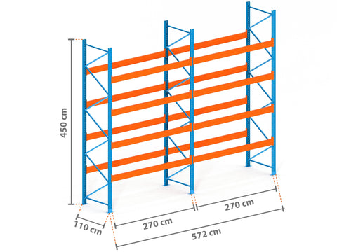5.7m Palettenregal mit 15.000kg Feldlast | 110cm tief | 4.5m hoch | 4 Ebenen für 30 Europaletten