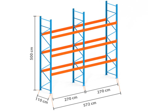 5.7m Palettenregal mit 15.000kg Feldlast | 110cm tief | 5.0m hoch | 3 Ebenen für 24 Europaletten