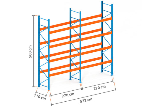 5.7m Palettenregal mit 15.000kg Feldlast | 110cm tief | 5.0m hoch | 4 Ebenen für 30 Europaletten