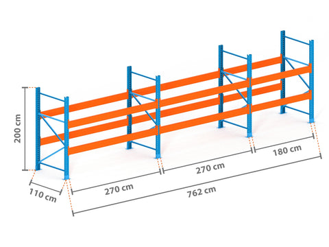 7.6m Palettenregal mit 15.000kg Feldlast | 110cm tief | 2.0m hoch | 2 Ebenen für 24 Europaletten