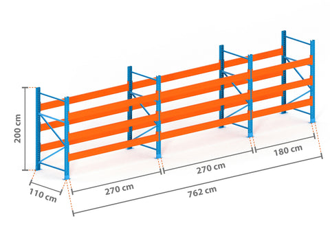 7.6m Palettenregal mit 15.000kg Feldlast | 110cm tief | 2.0m hoch | 3 Ebenen für 32 Europaletten