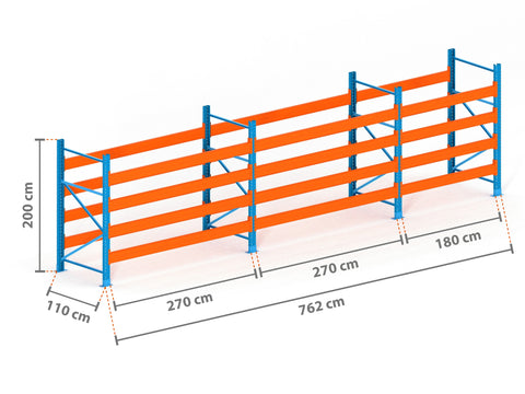 7.6m Palettenregal mit 15.000kg Feldlast | 110cm tief | 2.0m hoch | 4 Ebenen für 40 Europaletten