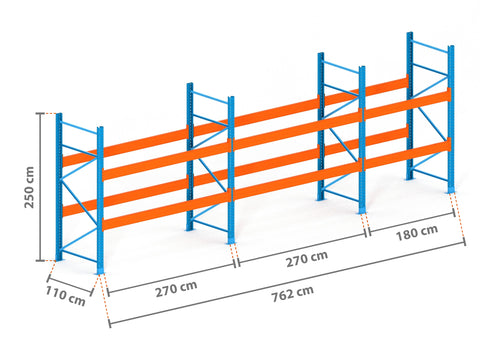 7.6m Palettenregal mit 15.000kg Feldlast | 110cm tief | 2.5m hoch | 2 Ebenen für 24 Europaletten