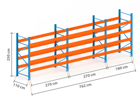 7.6m Palettenregal mit 15.000kg Feldlast | 110cm tief | 2.5m hoch | 4 Ebenen für 40 Europaletten