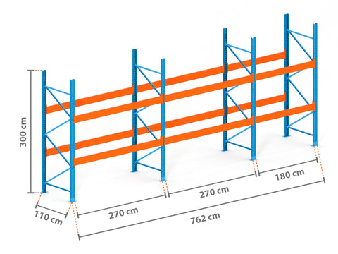 7.6m Palettenregal mit 15.000kg Feldlast | 110cm tief | 3.0m hoch | 2 Ebenen für 24 Europaletten