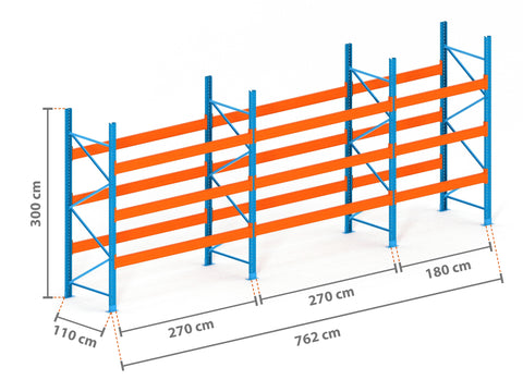 7.6m Palettenregal mit 15.000kg Feldlast | 110cm tief | 3.0m hoch | 3 Ebenen für 32 Europaletten