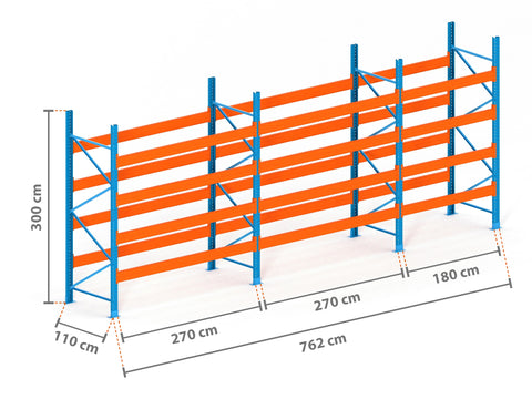 7.6m Palettenregal mit 15.000kg Feldlast | 110cm tief | 3.0m hoch | 4 Ebenen für 40 Europaletten