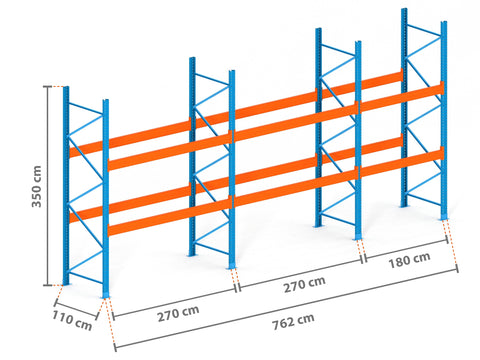 7.6m Palettenregal mit 15.000kg Feldlast | 110cm tief | 3.5m hoch | 2 Ebenen für 24 Europaletten