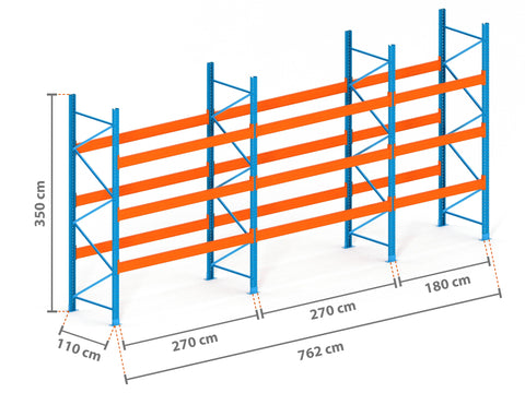 7.6m Palettenregal mit 15.000kg Feldlast | 110cm tief | 3.5m hoch | 3 Ebenen für 32 Europaletten