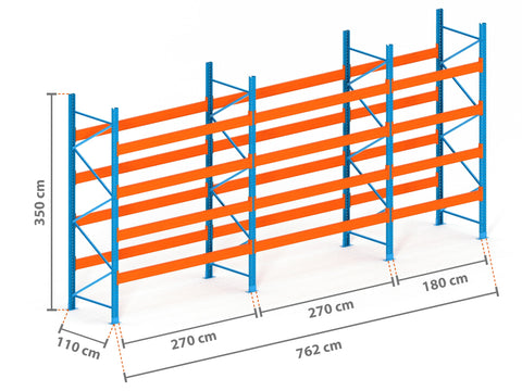 7.6m Palettenregal mit 15.000kg Feldlast | 110cm tief | 3.5m hoch | 4 Ebenen für 40 Europaletten