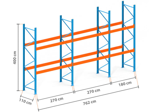 7.6m Palettenregal mit 15.000kg Feldlast | 110cm tief | 4.0m hoch | 2 Ebenen für 24 Europaletten